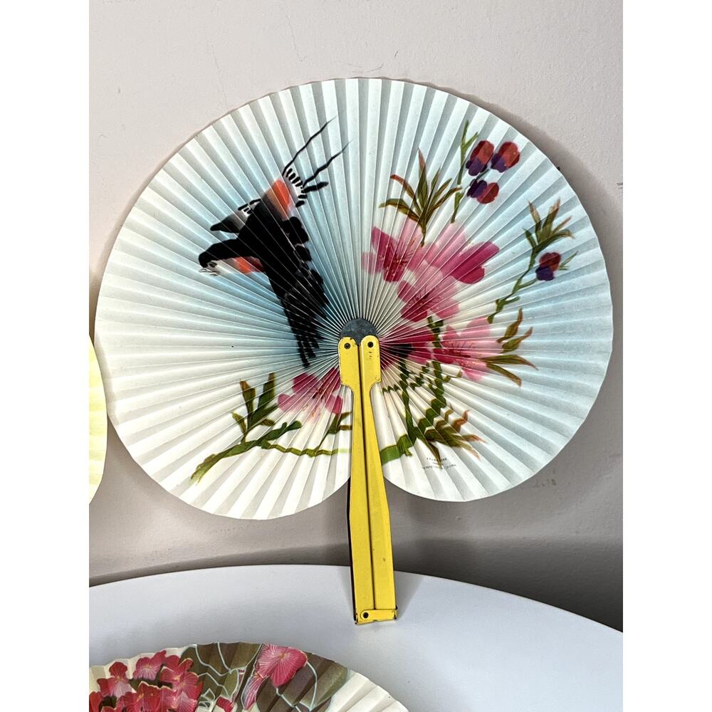 Vintage 1949-1960 PRC Set of 3 Paper Hand Fans Folding Bird Flowers Metal Handle - Picture 3 of 10